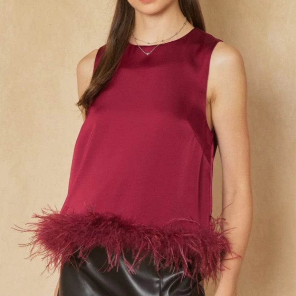 NWT Entro Satin Feather Trim Top Red Size S